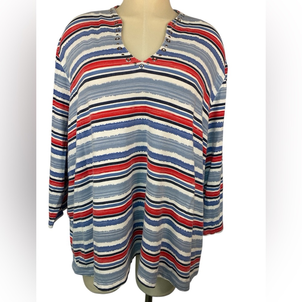 Ruby Rd. Long Sleeve Striped Women's Top - Red, Blue, White 3X